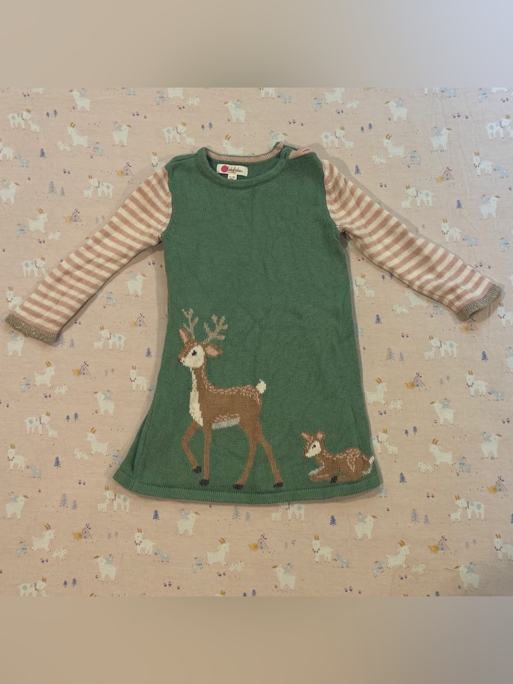 Boden Green Deer Knit Dress with Striped Sleeves - Kids